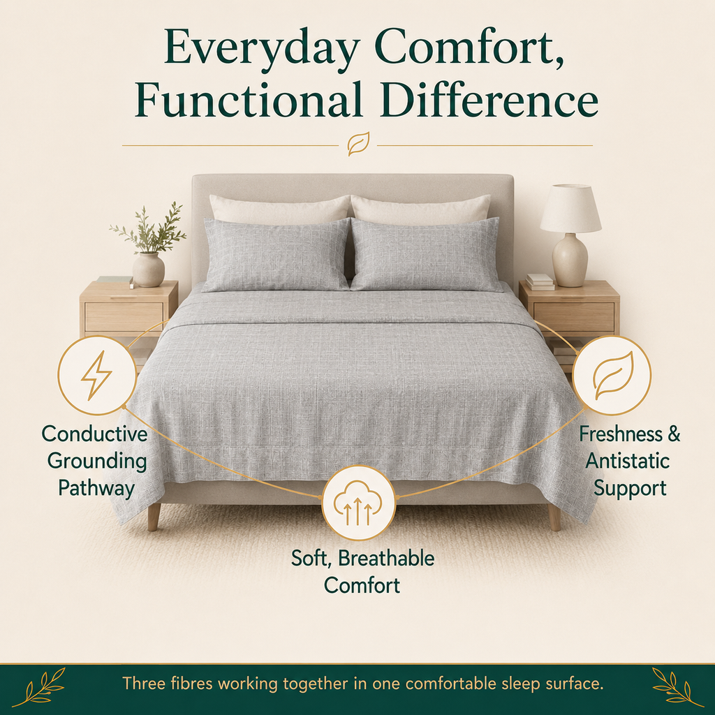 Soft breathable grounding sheet in a modern bedroom with a conductive pathway, freshness and antistatic support.