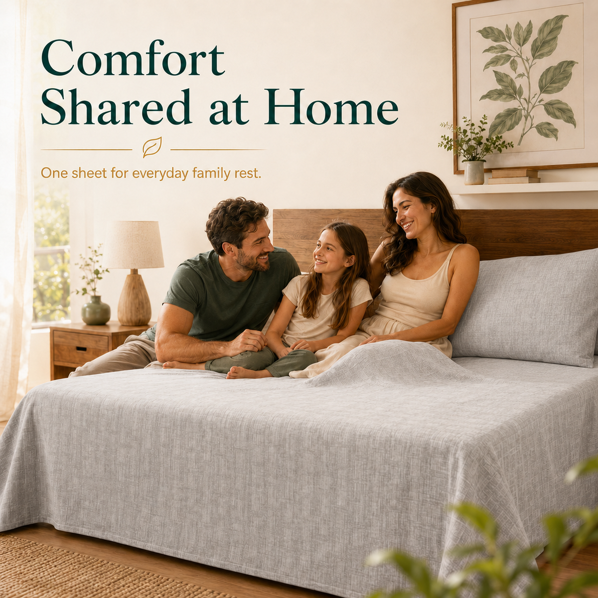 A family of three relaxing on a light grey Jacquard grounding sheet in a warm modern bedroom.