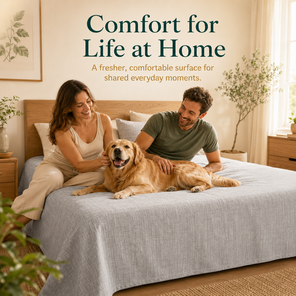 A couple and golden retriever relaxing on a light grey Jacquard grounding sheet in a warm bedroom.