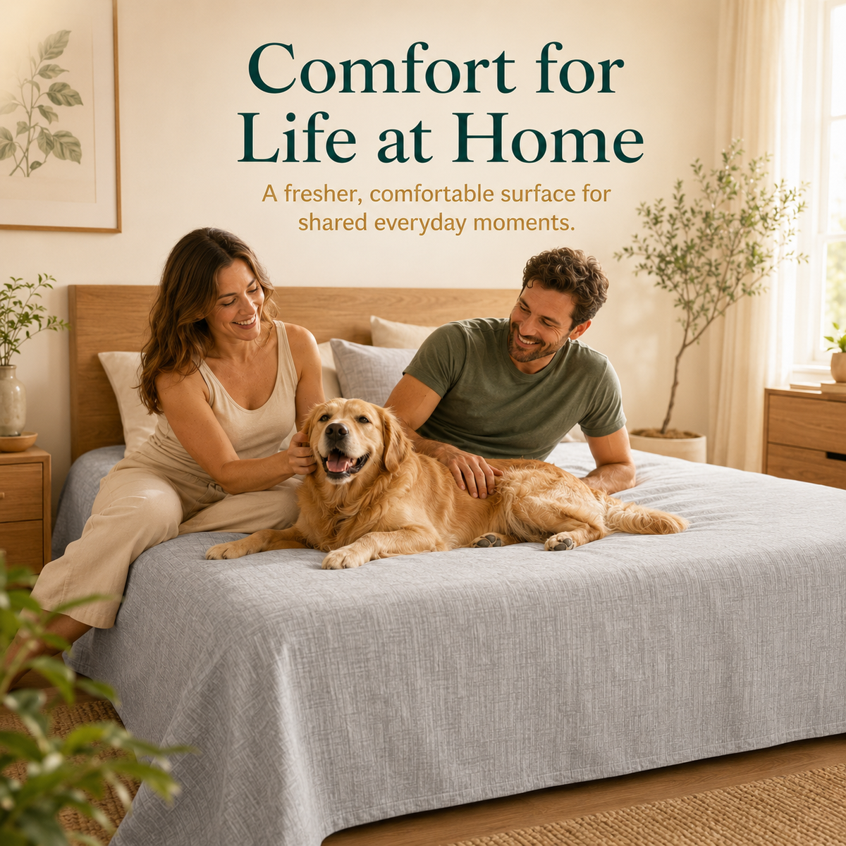 A couple and golden retriever relaxing on a light grey Jacquard grounding sheet in a warm bedroom.