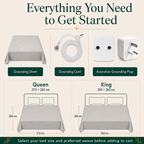Queen and King grounding sheet dimensions with included grounding cord and Australian-compatible grounding plug.