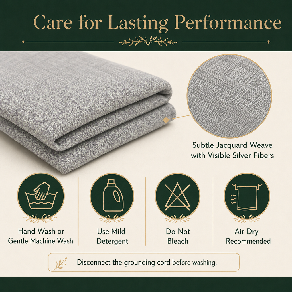 Grounding sheet washing and care instructions for hand washing with mild detergent, no bleach and air drying.
