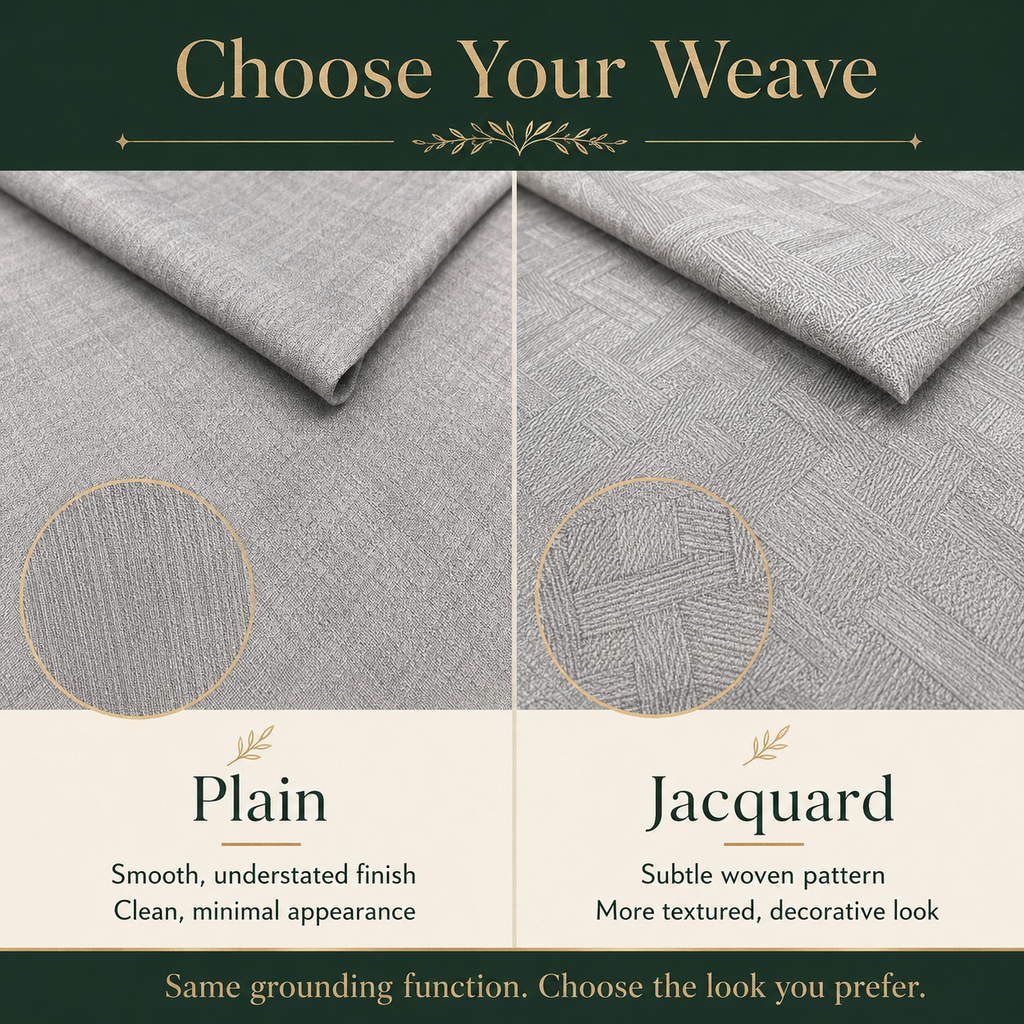 Plain and Jacquard grounding sheet weave comparison showing smooth and patterned light grey fabric textures.