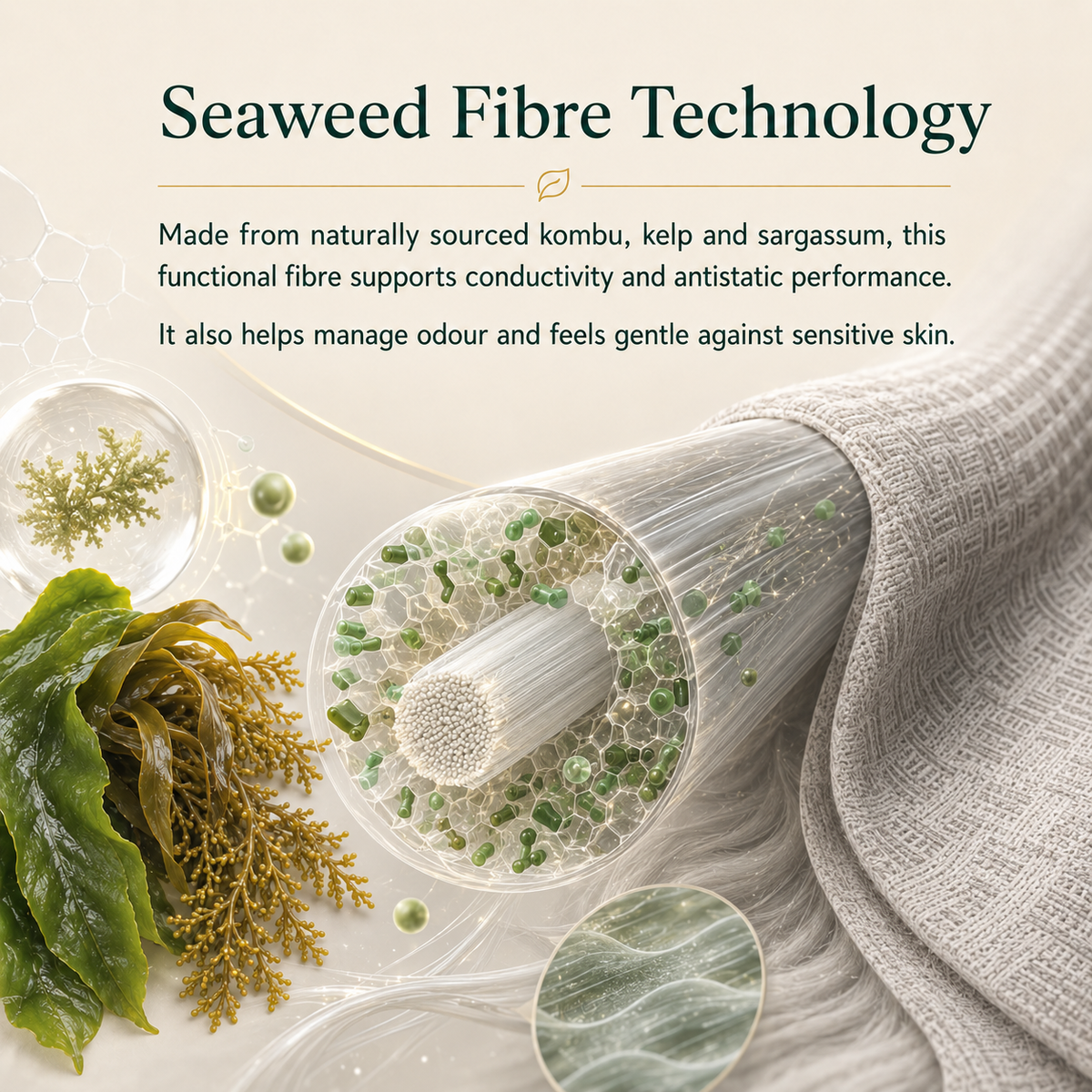 Seaweed charcoal fibre technology made from kombu, kelp and sargassum for conductive, antistatic and skin-friendly comfort.