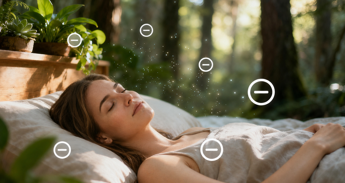 Woman resting comfortably in a nature-inspired bedroom with grounding technology visualisation