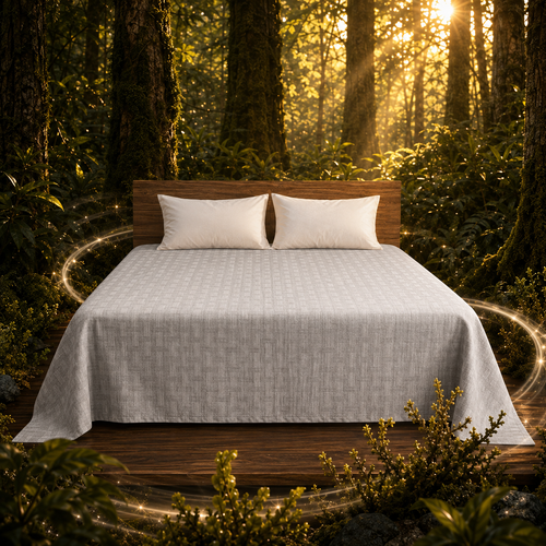 SilvAlga light grey Jacquard grounding sheet with a subtle woven pattern in a sunlit forest setting.