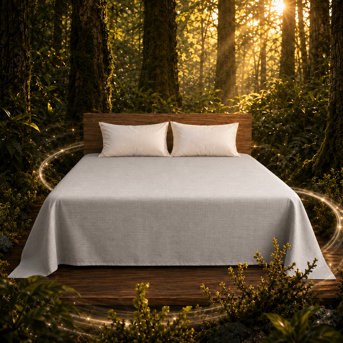 SilvAlga light grey Plain grounding sheet with a smooth weave in a sunlit forest setting.