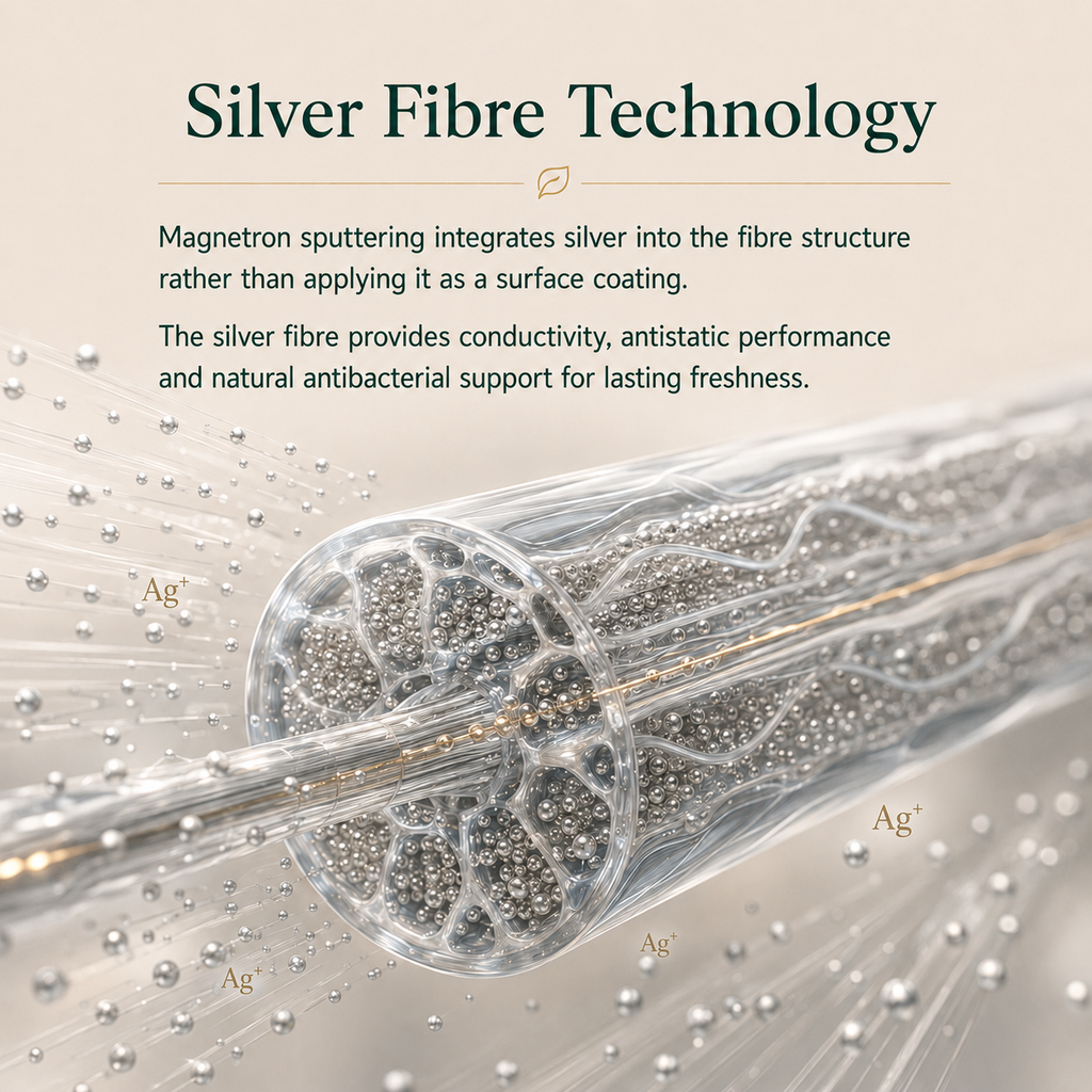Silver fibre technology showing Ag+ silver ions integrated into conductive fibre for antistatic performance and lasting freshness